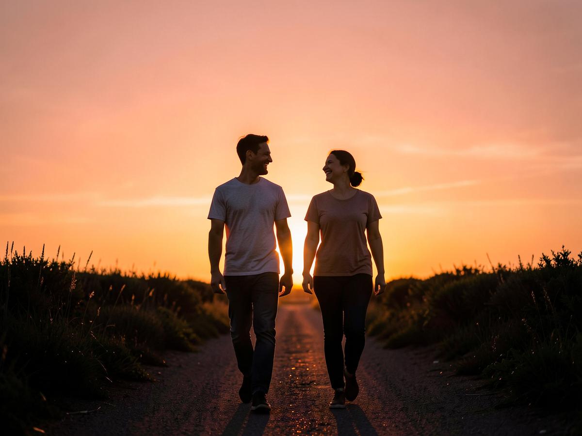 Two people walking side by side along a country path at golden sunset, smiling at each other